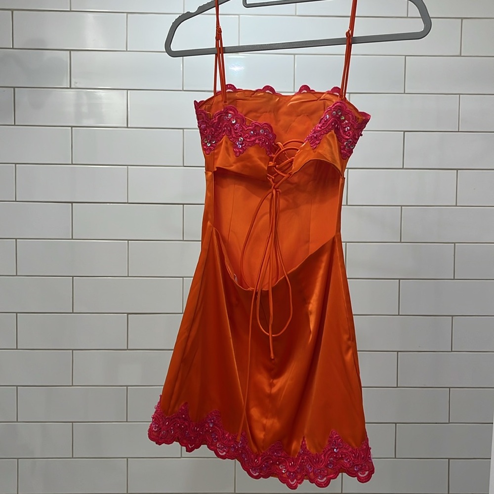 REVOLVE Orange Mini Dress with Pink Lace Trim - Picture 2 of 6
